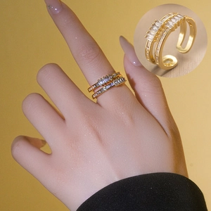Minimalist double layer adjustable gold ring with pavé cubic zirconia for women