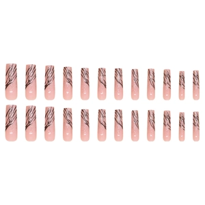 Unghie finte lunghe a bara con motivi a onde rosa e argento e dettagli glitter