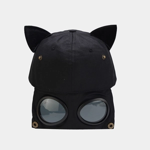 Black cat ear aviator baseball cap with integrated goggles and gold metal rivet details