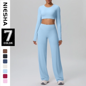 Women Long Sleeve Crop Top And High Waist Wide Leg Pants Top And Bottom Ribbed Knitted Yoga Outfits Workout Clothes