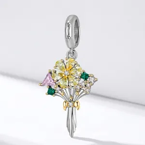 925 Sterling Silver Multi Color Zirconia Flower Bouquet Charm Pendant For DIY Jewelry Making Bracelet Necklace Mother's Day Gift