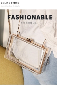 Detailed shot of transparent acrylic box clutch featuring gold frame and metal chain strap