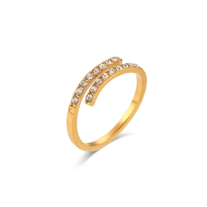 Minimalist gold-plated stainless steel cross ring with double-row clear cubic zirconia