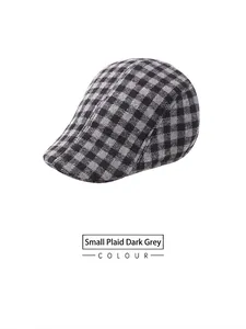 Macro shot of dark grey plaid pattern texture on winter flat cap brushed fabric