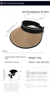 Detailed size chart for straw sun visor showing 12.5cm brim and 56-60cm circumference