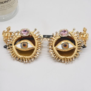 Evil Eye Rhinestone Sunglasses Metal Frame Baroque Cupid Relief Unique Retro Party Eyewear For Women Exaggerated