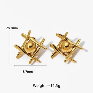 Detailed view of gold geometric earrings with dimension marks: 28.2mm by 18.7mm