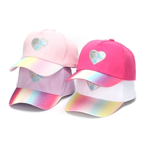Girls sequin heart baseball caps with rainbow gradient glitter brims in four vibrant colors