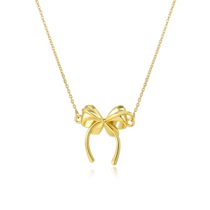 Minimalist 18k gold plated bow pendant necklace with polished finish on white background
