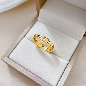 Close-up of golden stainless steel ring with Roman numerals and sparkling crystals