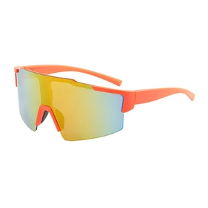 Men's outdoor sports sunglasses with orange frame and colorful mirrored shield lens