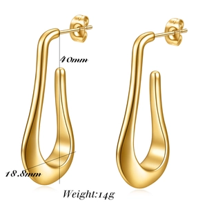 Detailed view of 40mm hollow water drop earrings in 14K gold plated stainless steel