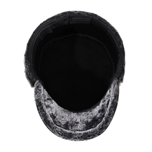 Men's winter flat cap with faux fur ear flaps for warmth and cold protection