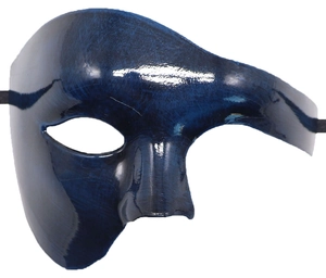 Detail of blue Phantom of the Opera mask with metallic texture and black elastic strap
