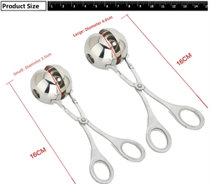 Size specifications of small and large stainless steel meatball maker with ball diameters