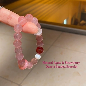 Handmade strawberry quartz beaded bracelet with natural agate and freshwater pearls for women