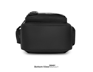 Detail view of the durable nylon base with sturdy webbing and plastic buckle on black bag