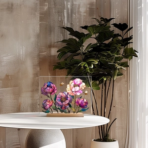 Peony and bee acrylic art plaque on a wooden base displayed on a white table