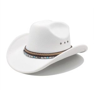 Classic white felt western cowboy hat with braided leather band and turquoise bead accents