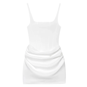 White sleeveless bodycon mini dress with ruched drawstring details and slim fit cut