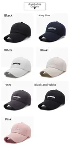Detail view of cotton baseball caps in seven colors with Creative letter embroidery