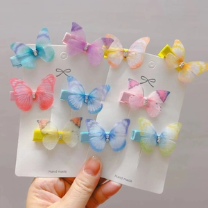 Butterfly Hair Clips For Girls Chiffon Thin Veil Rhinestone Gradient Color Handmade Princess Hair Accessories