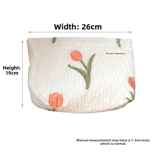 Detail of canvas tulip makeup bag showing textured fabric and brand label