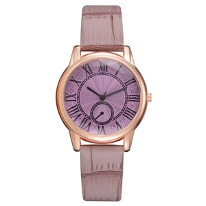 Reloj de cuarzo rosa para mujer con esfera romana púrpura y correa de cuero