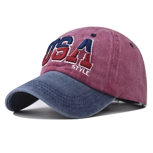 Vintage washed USA embroidered baseball cap in burgundy and navy blue paneled style