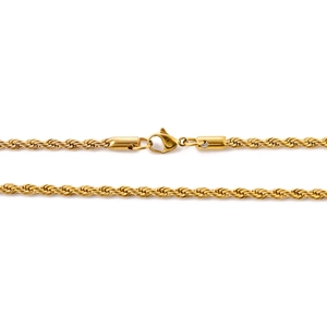 Detail of a golden twisted rope chain with a secure lobster clasp on white background