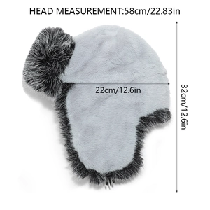 Detailed dimensions of the grey faux fur trapper hat showing height and circumference