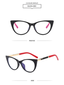 Detailed front and side views of classic cat-eye glasses frames in black and red color