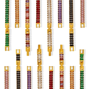 Baguette Cut Colorful Cubic Zirconia Necklace And Bracelet Jewelry 18K Gold Plated Titanium Steel For Women