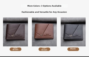 Three men's short leather wallets in black and brown showing fine grain and wing logo