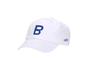 Detail of blue B embroidery and 1980 lettering on white cotton baseball cap