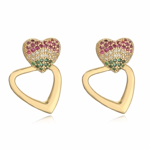 Golden heart drop earrings with multi-color gradient crystals and hollow metal frames