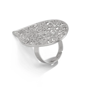 Detailed view of silver open leaf ring with intricate hollow texture and adjustable band