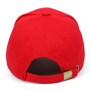 Rear view of a vibrant red cotton baseball cap with an adjustable bronze buckle.