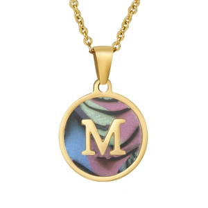 18K gold plated stainless steel necklace with M initial shell pendant and colorful texture