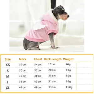 Size guide for pink fleece pet hoodie with white wings decoration and antler hood