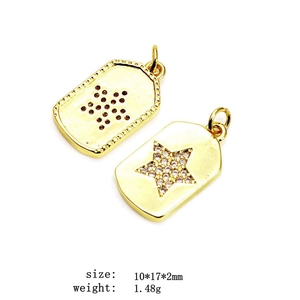 Detailed front and back view of gold star pendant with zircon inlay and size specs