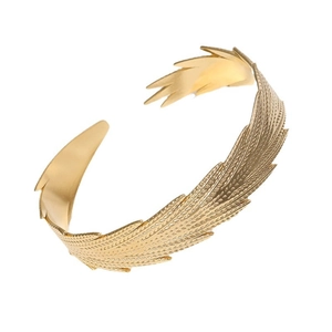 Artistic gold stainless steel feather open bangle featuring detailed texture and carvings