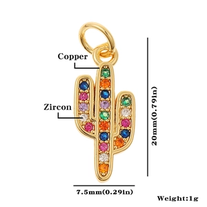 Detailed view of a gold-plated copper cactus pendant with colorful zircon and dimensions