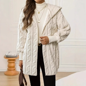 Detail of cream cable knit texture on hooded fleece cardigan with ribbed cuffs