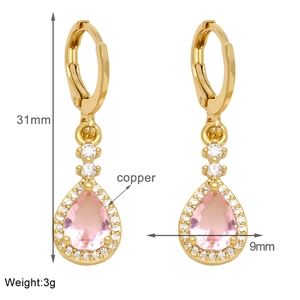Macro shot showing 31mm length and 9mm width details of pink zircon teardrop earrings