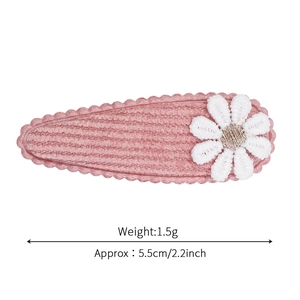 Pink corduroy flower hair clip with white daisy embroidery for girls, size 5.5cm
