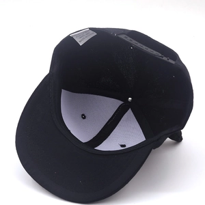 Black hip-hop flat brim baseball cap featuring wool blend fabric and adjustable snapback