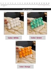 Détails de sacs boîtes en acrylique blanc perle, vert marbré et orange avec chaîne dorée