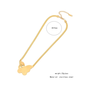 Detail view of golden stainless steel butterfly necklace showing dimensions and 22g weight