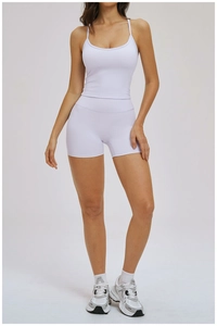 Detail of light purple yoga set featuring a U-neck camisole and high-waisted shorts